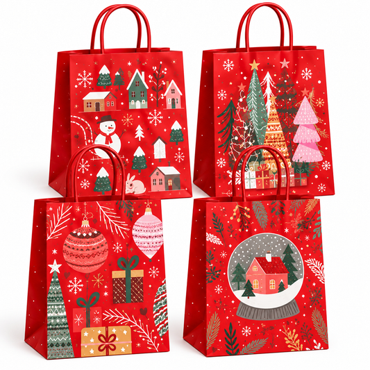 Set 4 Buste Regalo Natalizie Rosse con Manici Fantasie Assortite