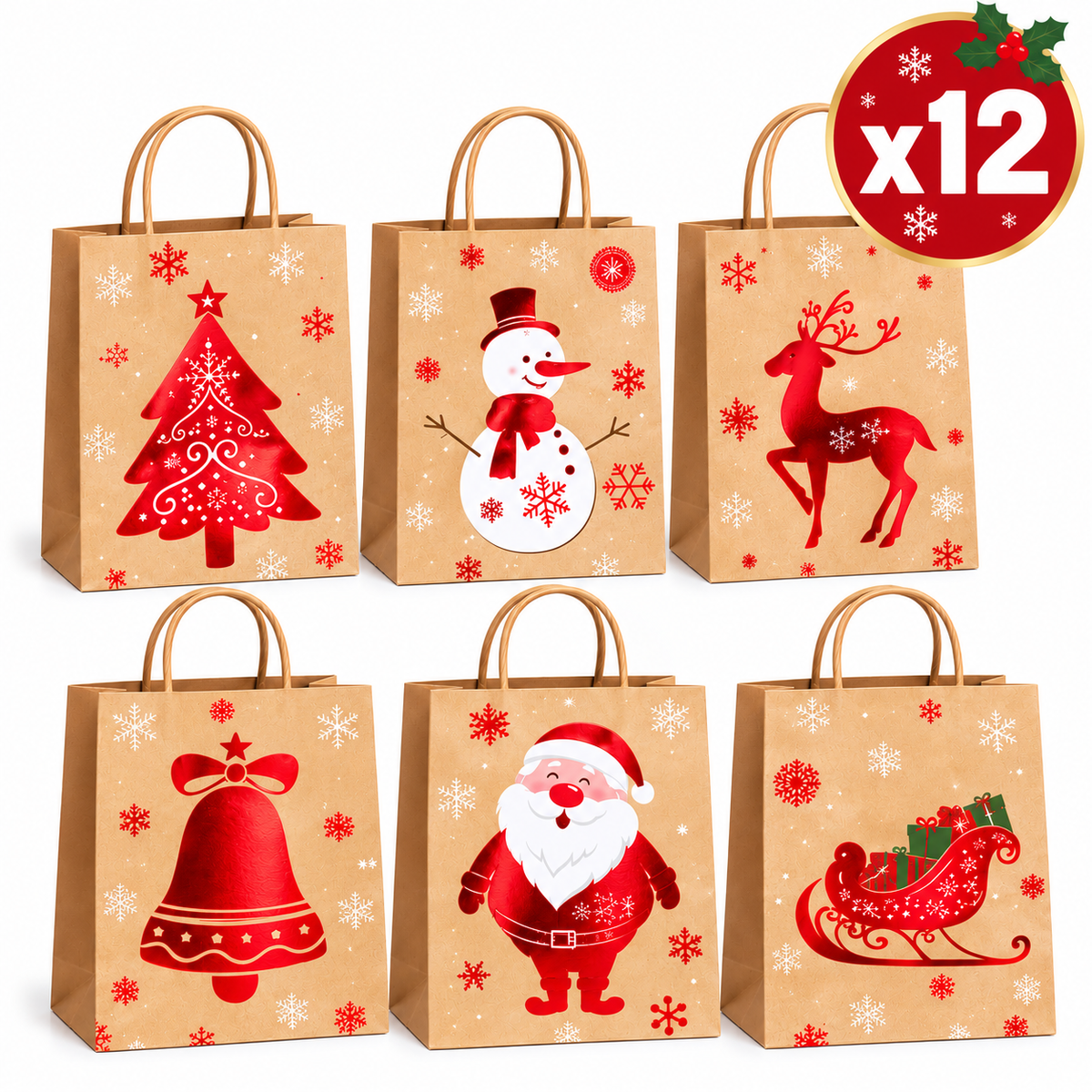Set 12 Buste Regalo Natalizie in Carta con Manici – 6 Fantasie Assortite