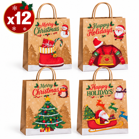 Set 12 Buste Regalo Natalizie in Carta con Manici – 4 Fantasie Assortite 27x21x11 cm