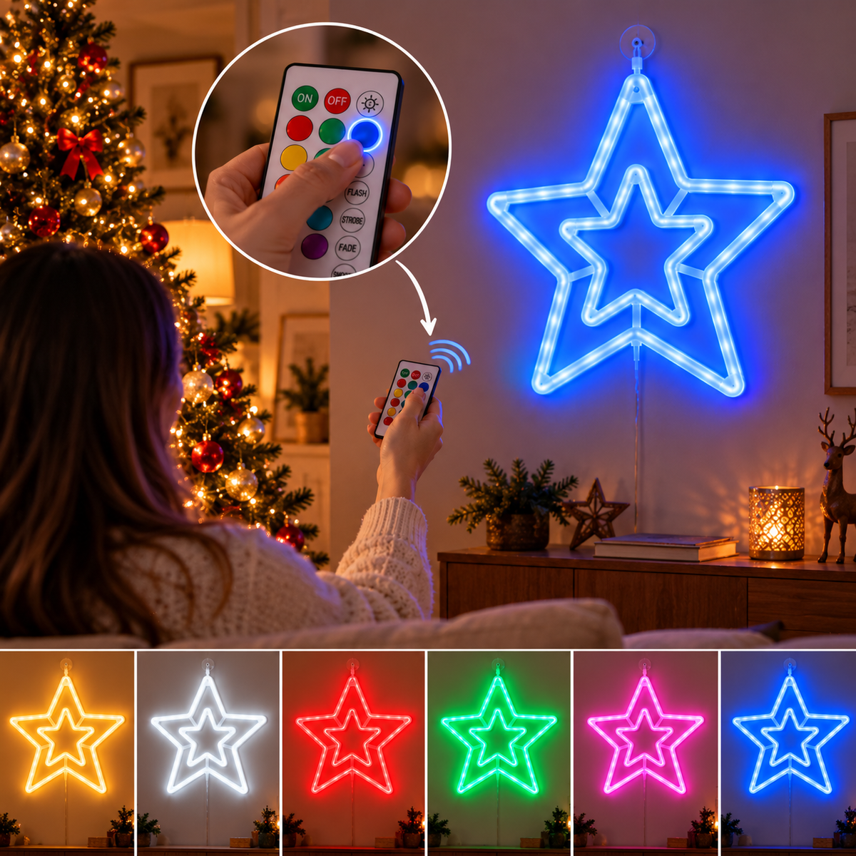 Stella di Natale Luminosa LED 58x58 cm Multicolore con Telecomando USB