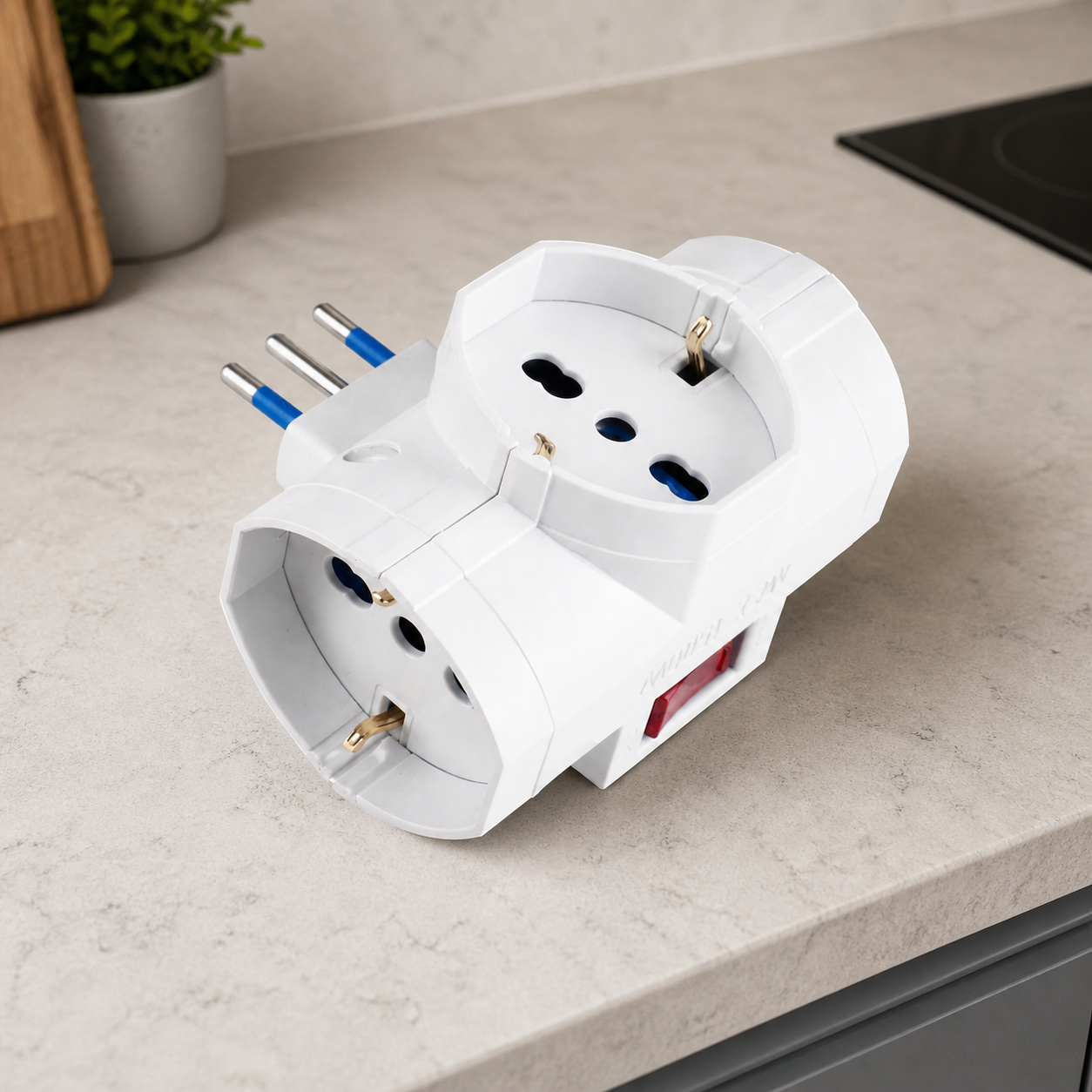 Adattatore Triplo Spina 16A con 3 Prese Universali Schuko e Bipasso con Interruttore