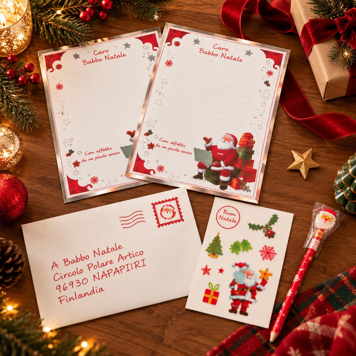 Kit Letterina a Babbo Natale con Busta, Adesivi e Matita Natalizia
