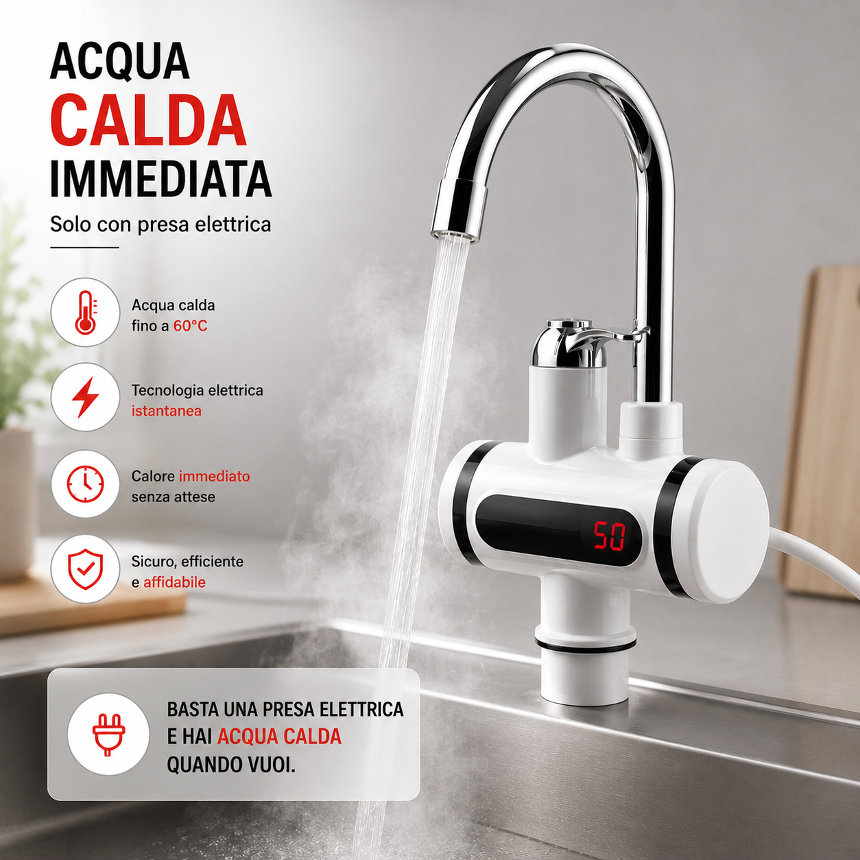 Rubinetto Elettrico Istantaneo con Riscaldamento Acqua – Design Moderno Cromato