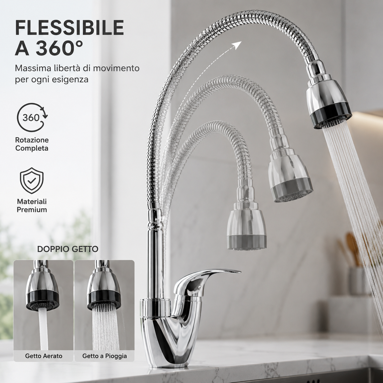 Rubinetto Cucina con Molla Flessibile Cromato - Miscelatore Monocomando con Doccetta